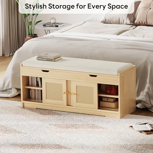 LIKIMIO 47.2" Shoe Bench with Lift Top Storage, Entryway Bench with Cushioned Seat, 2-Tier Rattan Shoe Cabinet with Adjustable Shelf, Storage Bench for Bedroom, Living Room, Hallway, Natural - color: Natural