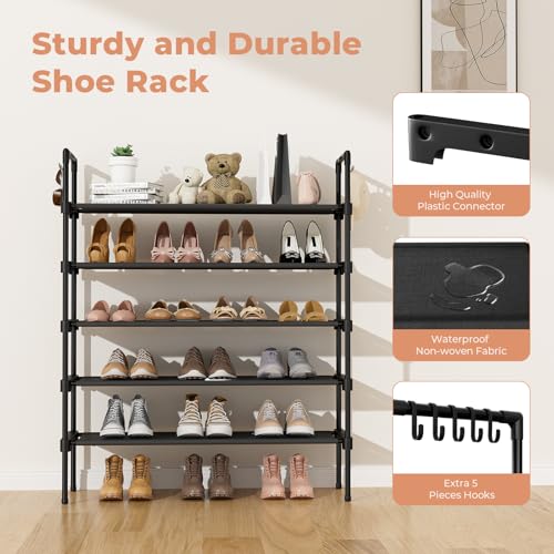 LANTEFUL 5 Tier Shoe Rack for Closet Shoe Organizer with 5 Hooks, Long Shoe Shelf Storage for Shoe and Boot Stackable Free Standing Shoe Rack for Entryway, Garage, Small Spaces, Dorm, Black - color: Black, size: 27.8"W - 5 Tier