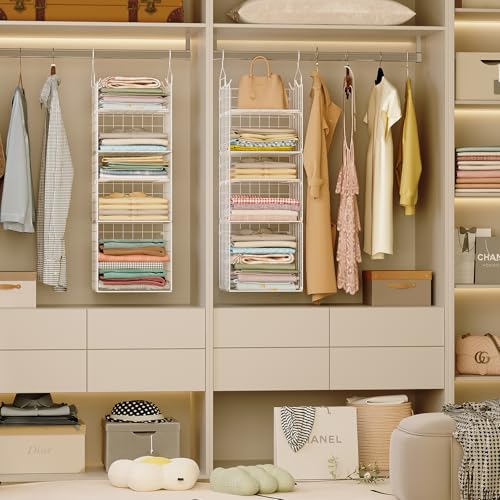 X-cosrack Closet Hanging Organizer and Storage - 5 Tier Hanging Shelves, Wire Closet Shelf Organizer Basket with Adjustable Dividers for Home Clothing Sweaters Shoes Handbags - color: White, size: Small