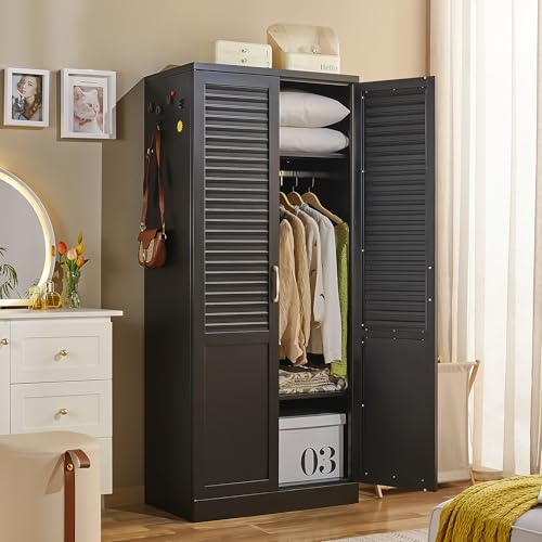 71" Tall Metal Wardrobe Closet with Hanging Rod, Adjustable Shelves – Durable Steel Armoire for Home or Office - color: Urban Essential-black