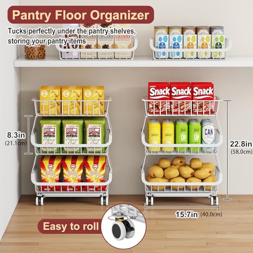 3-Tier Rolling Pantry Cart with Wheels, Stackable Wire Storage Floor Organizer for Kitchen Pantry Snack Shelves, Fruit Basket Stand, Vegetable Storage Rack for Food Snacks Onion Potato, White - color: 3 Tier-white (1 Pack)