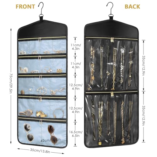 CHICECO Travel Jewelry Holder Organizer,Hanging Jewelry Organizer Storage with Zippered Pockets for Cloest,Jewelry Holder for Earrings, Necklaces (Blue Black) - color: Blue Black