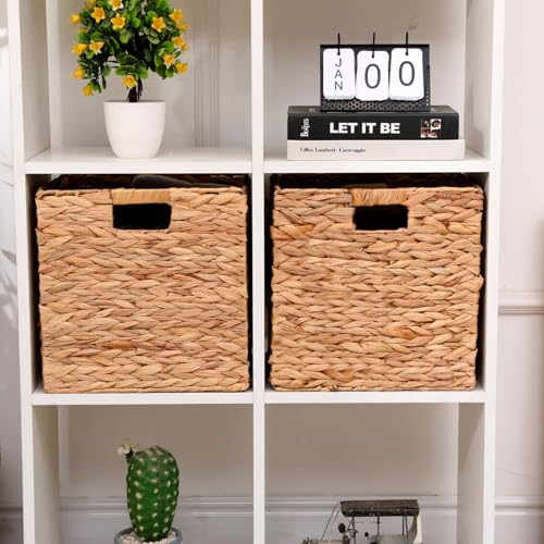 Wicker Storage Basket Foldable Hyacinth Storage Box Set of 2, 12x12x12 Inch - Handmade Woven Basket for Closet,Shelf Organization & Decor