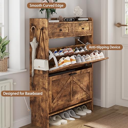 Shoe Cabinet with 2 Flip Drawers & 2 Top Drawers, 43" Tall Freestanding Narrow Wooden Shoe Storage Organizer for Entryway, Hidden Slim Shoe Rack for Front Door Entrance, Hallway, Living Room, Brown - color: Brown, size: 2 Flip Drawers