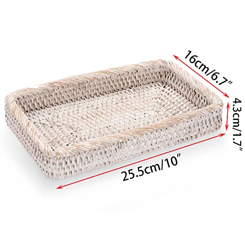 Sumnacon 10 Inch Rattan Bathroom Vanity Tray - Decorative Wicker Toilet Tank Tray for Paper Hand Towel, Vintage Storage Basket Bin for Bathroom Kitchen Toilet Tank Vanity Countertop Table Shelf White - color: White, size: 10" x 6.1" x 1.8"