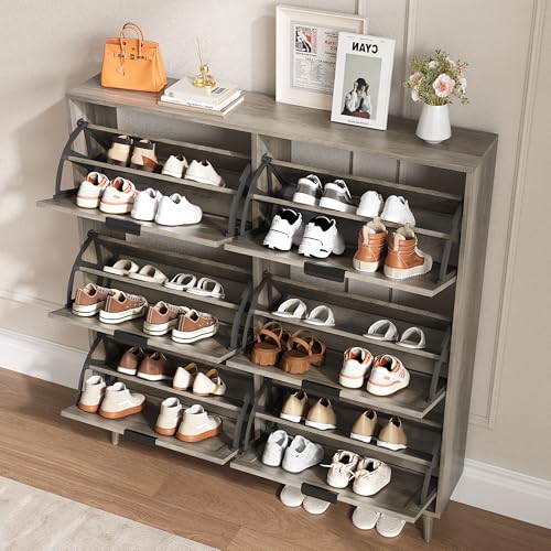 BORNOON Shoe Cabinet for Entryway with 6 Flip Drawers, Slim Wooden Shoe Storage Organizer with Modern Fluted Pannel，Freestanding Narrow Hidden Shoe Rack for Hallway, Foyer, Living Room - color: Grey, size: 6 Flip Drawers