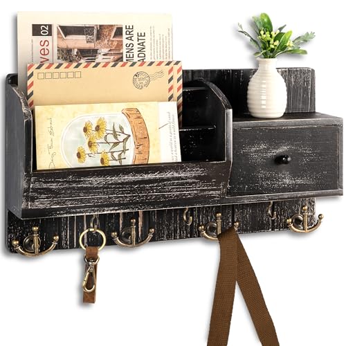 Rebee Vision Key Holder Wall Mount with Drawer & Mail Sorter – Rustic Wall Mail Organizer with Key Hooks for Entryway, Office, and Kitchen – Wooden Storage Drawer for Letters & File (Old Black) - color: Old Black