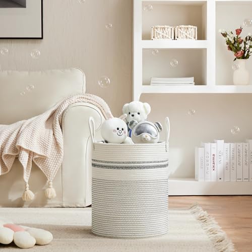 VIPOSCO Large Laundry Hamper, Tall Woven Rope Storage Basket for Blanket, Toys, Dirty Clothes in Living Room, Bathroom, Bedroom - 53L Stripe White - color: Stripe White, size: 53L