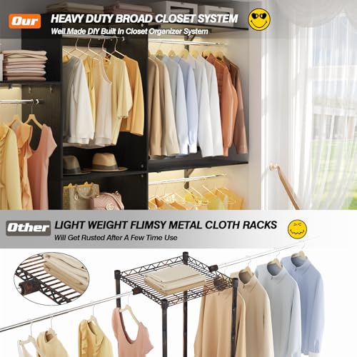 iSunirm 8FT Closet System with Shelves, 96'' Closet Organizer System with 3 Hanging Rods, Wall Mount Bedroom Wardrobe Walk-in Closet, Adjustable Cloth Garment Rack from 5 to 8FT (Cut to Fit), Black - color: Black