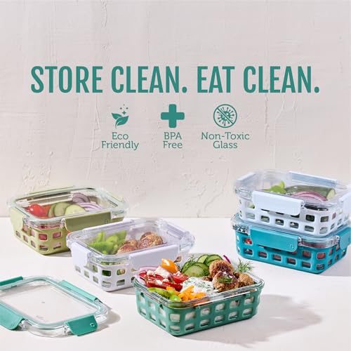 Ello Duraglass 3.4 Cup Meal Prep Sets 10Pc, 5 Pack Set- Glass Food Storage Container with Silicone Sleeve and Airtight BPA-Free Plastic Lids, Dishwasher, Microwave, and Freezer Safe, Olive Tree - color: Olive Tree, size: 3.4 Cup