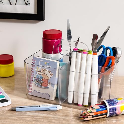 Multiuse Caddy Organizer with Handle, Portable Divided Plastic Tote Bin - Art Craft, Stationary Pen Marker Crayons, Makeup Hair Supplies Storage - Bathroom, Classroom, Dorm, Office, Desk Holder -Clear - color: Clear