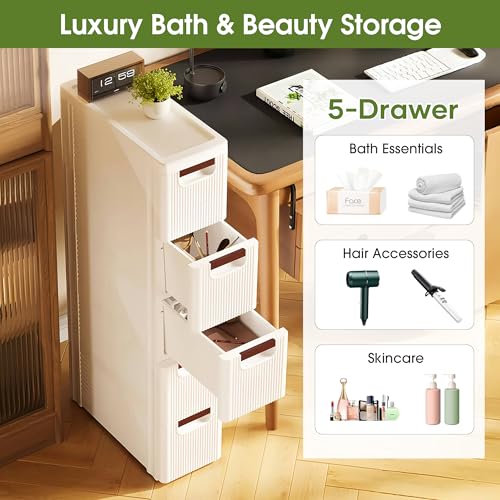 5 Drawers Narrow Storage Cabinet, Slim Bathroom Storage Cabinet, Plastic Rolling Cart Organizer for Small Spaces, Laundry, Office, Home, White - size: 5 Drawer