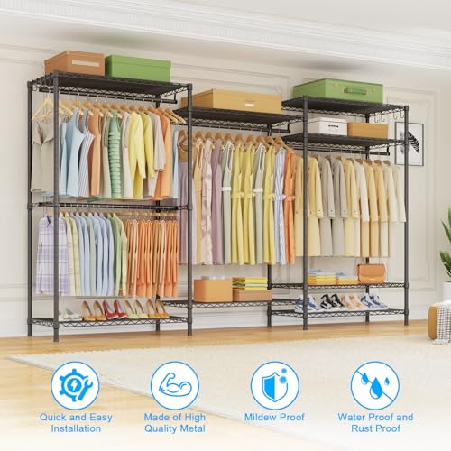Ulif E13 Max Heavy Duty Clothes Rack（With 4 Hanger Rods & 8 Shelves） Freestanding Clothing Racks for Hanging Clothes，Adjustable Closet，Metal Garment Rack 86" W x16 D x77 H，Max Load 1100LBS，Black - color: Black, size: E13 Max
