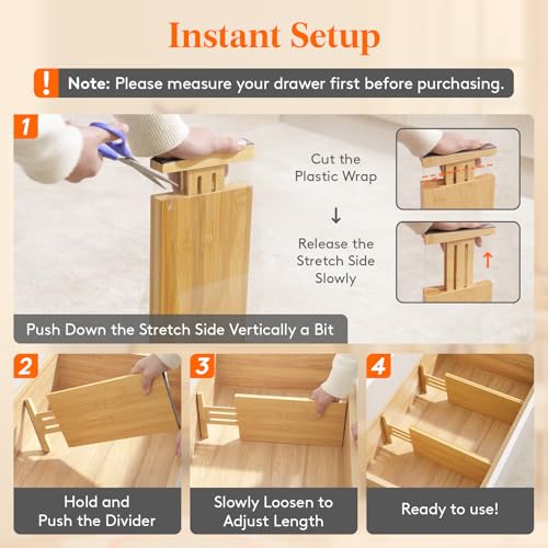 Lifewit 6" High 8 Pack Bamboo Drawer Dividers 33-42cm/13-16.5" Adjustable Wooden Drawer Organizer for Clothes/Utensils, Expandable Drawer Separator for Dresser/Kitchen/Bedroom/Office Organization - size: 6"H, 13-16.5"L