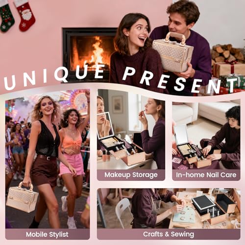 Joligrace Beauty Makeup Train Case for Lady Portable Cosmetic Box Jewelry Organizer Lockable with Keys and Mirror 2-Tier Trays Carrying with Handle Makeup Storage Box - Rose Gold - color: Rose Gold