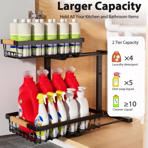 Liuoud Under Sink Organizer 2 Pack, 2 Tier Slide Out Large Capacity Height Adjustable Under Sink Organizers and Storage for Kitchen Bathroom Cabinet, Black - color: Black