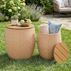 Sundale Outdoor Side Table Set of 2, Wicker Round Patio Barrel Side Tables with Storage Basket, Rattan End Table for Patio, Porch, Poolside, Garden Stool, Lounge Chair