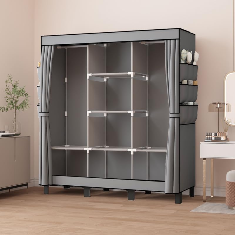 Portable Wardrobe, Easy Hanging Closet 6 Side Pockets Large Capacity Clothes Organizer Comes with 2 Hanging Poles and Shelves, Width 130cm, Depth 45cm, Height 172cm (Grey) - color: Grey