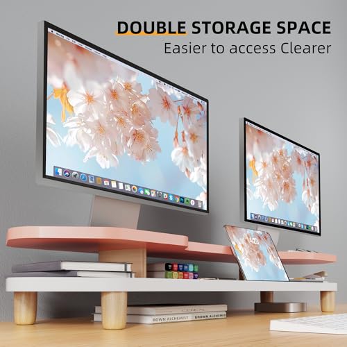 AFOOYO 2 Tier Dual Monitor Stand Riser,Wider Board Computer Monitor Stand for 2 Monitors,Slot For Phone/Tablet Office Desktop Organizer for Laptop,PC,Computer,Printer,Pink - color: Pink, size: 2 Tier