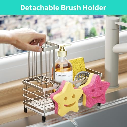 HapiRm Sink Caddy Sponge Holder - Self-draining Kitchen Sink Organizer with Smiley Face and Brush Holder, Stainless Steel Kitchen Sponge Caddy for Countertop - Brushed Nickel - color: Brushed Nickel, size: with Smiley Face Sponge Holder