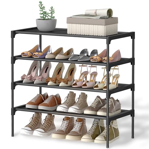 SONGMICS Shoe Rack, 4-Tier Shoe Storage Organizer, Space-Saving, 11.7 x 24.5 x 27.7 Inches, Entryway, Metal Frame, Non-Woven Fabric Shelves, Ink Black ULSH024BH01 - color: Ink Black, size: 4 Tiers (24.5"W)