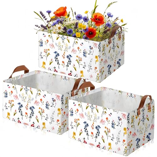 Boao 3 Pcs Watercolor Wildflowers Storage Bin Wildflowers Collapsible Large Storage Baskets for Gifts Canvas Laundry Basket Foldable Box with Handle for Office Home Bedroom Clothes - style: Light Wildflower