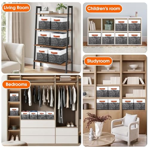 Fab totes Collapsible Storage Baskets for Shelves,14"x10", 6 Pack Foldable Fabric Storage Bins with Double Leather Handles, Large Baskets for Organizing Books, Clothes, White & Black - color: Black, size: 6pack