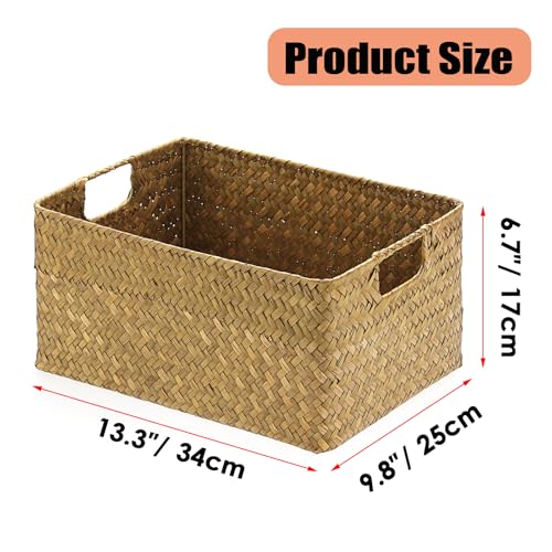 Hipiwe Seagrass Storage Basket Bin Rectangular Handwoven Wicker Storage Box with Handle Opened Baskets Box for Shelf Organizing Closet Bathroom, Caramel, Medium - color: Caramel, size: Medium,13.4"x9.4"x 6.7"