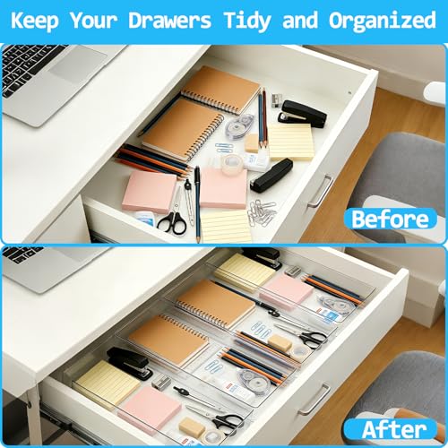 14 Pcs Clear Plastic Drawer Organizer Tray with 2 Pcs 15"x6" Extra Large Trays, Multi-Purpose Storage Bins for Vanity, Makeup, Kitchen Utensils, Bathroom, Office Desk, Auto Tools & Craft Supplies - size: 2 Pack 15×6", 3 Pack 9×6", 9 Pack 3×6"