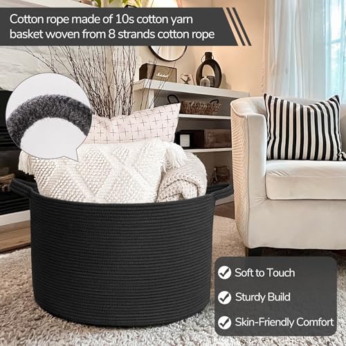 INDRESSME XXXLarge Blanket Basket 21.7" x 21.7" x 13.8" Woven Storage Baskets Soft Cotton Rope Toy Baskets Storage Kids Decorative Laundry for Home, Perfect for Living Room, Black - color: Black, size: 21.7"D x 13.8"H