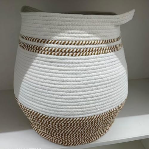 KAKAMAY Woven Baskets for Storage(17"x17"),Large Cotton Rope Woven Baby Laundry Hamper,Collapsible Laundry Basket, Blanket Basket for Organizing Living Room,Nursery,Clothes,Toy chest (Brown Stripes) - color: Brown Stripe