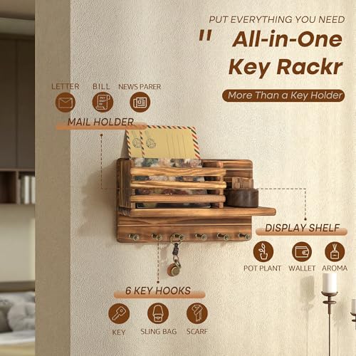 Rebee Vision Pine Wood Key Holder Wall Mount - Key Holder for Wall with Mail Slot Can Store Letters and Papers - Rustic Farmhouse Room Decor for Entryway, Living Room(Retro Brown) - color: Retro Brown