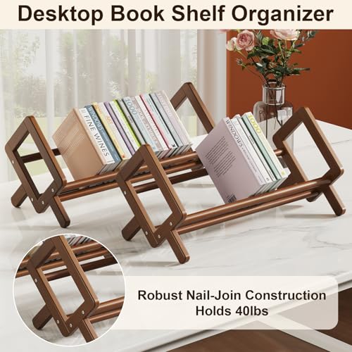 Premium Desktop Bookshelf Organizer, Small Bamboo Desk Book Rack Shelf for Magazine, Cookbook,Books, Retro Brown Table Top Bookcase Shelves Holder Storage, Wooden Tabletop Holders Racks for Countertop