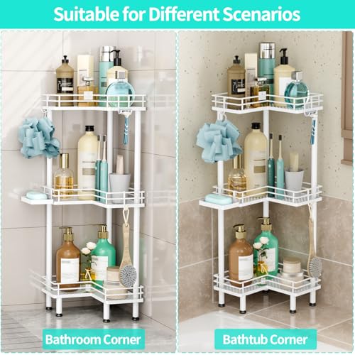 HapiRm Corner Shower Caddy Standing - 3 Tier Shower Organizer Corner with Soap Holder, Rustproof Bathroom Standing Organizer with 4 Hooks, White - color: White, size: 3-tier