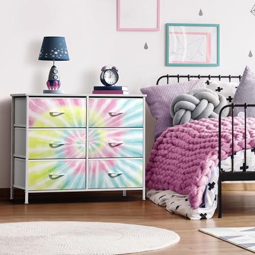Sorbus Dresser with 6 Drawers - Furniture Storage Tower Unit for Bedroom, Hallway, Closet, Office Organization - Steel Frame, Wood Top, Easy Pull Fabric Bins (6-Drawer, Tie-Dye) - color: Light Tie-dye, style: 6-Drawer