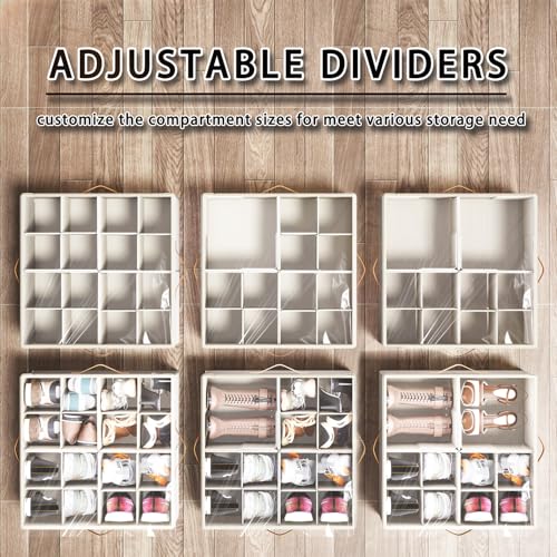 Shoe Organizer for Closet,2 Pack Foldable Shoe Storage Organizer Box Bin with Adjustable Dividers and Clear Cover, Fits up to 16-32 Pairs（Beige） - color: Beige