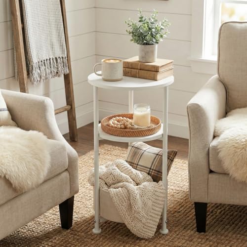 Small Round Side Table with Storage Basket, 3-Tier Narrow End Table Nightstand for Living Room Bedroom, 11.8" Diameter Modern Bedside Table for Small Spaces, Wood Grain & Metal Frame (White) - color: White