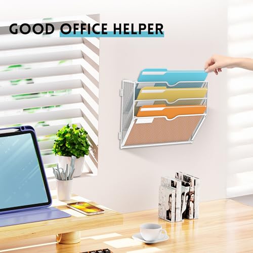 SUPEASY 3-Tier Wall File Organizer, Hanging Wall Mounted Mail Organizer with Label Slots, Metal Mesh File Holder Magazine Rack for Office, Home, School or Classroom, White - color: White, size: 3-Tier