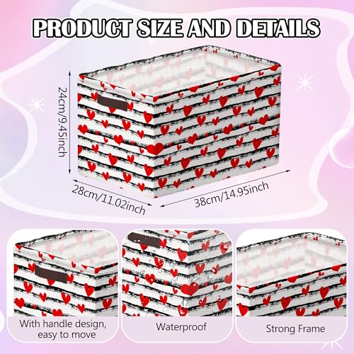 Geelin 3 Pcs Valentines Baskets Storage Valentine's Day Basket for Gifts Collapsible Waterproof Canvas Red White Black Heart Storage Bin Organizer with Handles for Book Closet Shelf Nursery Decor - style: Valentines Red White Black