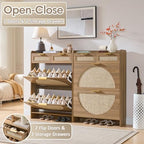 Rattan Shoe Storage Cabinet with 2 Flip Drawers & 2 Drawers, Freestanding Organizer for Front Door Entrance, Hidden Narrow Shoe Rack Cabinet Storage for Entryway, Rustic Oak Rattan - style: 2-Drawers