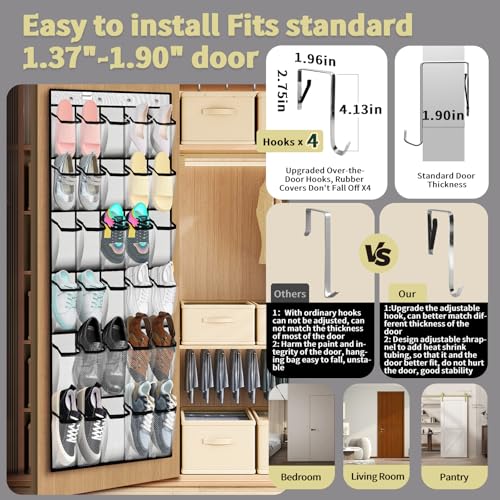 PAULONE Over the Door Organizer with 30 Large Pockets, 3 Sizes of Closet Hangers, Holds up to 69 lbs, Hanging Organizer with Clear Window for Children's Toys, Shoes, Diapers (White) - color: White