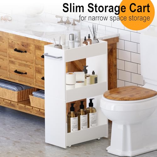 MARTY Wood Rolling Storage Cart 7.9" W, 3 Tier White Slim Utility Kitchen Cart on Wheels Laundry Room Bathroom Organizers Narrow Shelves with Handle Mobile Shelving Unit for Small Places - color: White