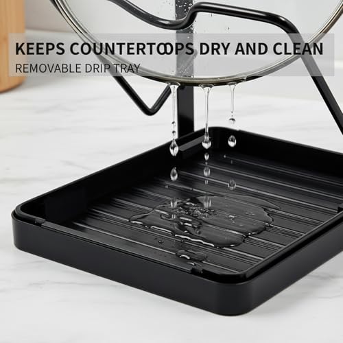 Pot Lid Holder While Cooking, 2-Tier Heavy Duty Pot Lid Organizer with Drip Tray & U-Shaped Groove, Multifunctional Storage Rack for Stove Top & Kitchen Countertop - Black