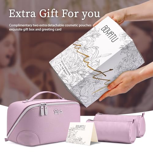BOYATU Travel Makeup Bag Cosmetic Bags for Women: 3 Pcs Set Large Capacity Make up Bag with Handle - Waterproof Vegan Leather Toiletry Bags Travel Essentials with Compartments(C-4-Purple) - color: C-4-Purple
