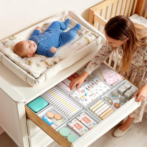 DIMJ Drawer Organizer Clothes Storage - 16 Pack Baby Dresser Organizer for Nursery, Foldable Drawer Dividers for Bedroom Closet Organization, Fabric Storage Bins for Socks, Underwears, Bras - color: White