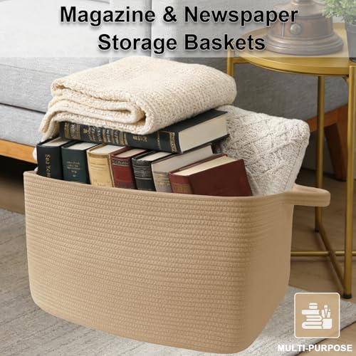 Large Blanket Basket,Woven Rope Basket Storage Bin with Handles,65L Rectangle Laundry Basket for Magazines,Toys,Clothes,Newspaper Shelf Organization,Nursery and Living Room,Jute - color: Jute, size: 21"x16"x12"(65L)