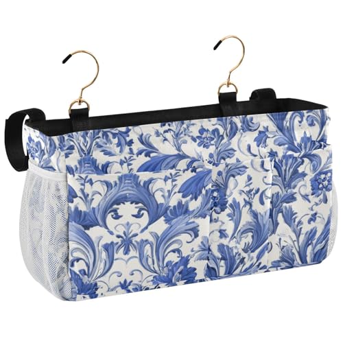 Bedside Caddy Metal Frame Hanging Organizer Bunk Bed Dorm Accessories Hook And Loop Storage Bag Large Pockets Blue Retro Flower Bohemian01 - color: Blue Retro Flower Bohemian01