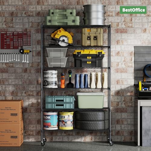 BestOffice Storage Shelves 6 Tier Metal Shelves Adjustable Garage Shelving Wire Shelving Unit Capacity 2100LBS with Wheels for Kitchen, Garage Pantry Closet Commercial,Black - color: Black, size: 18"D x 45"W x 82"H