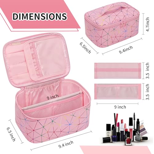 OCHEAL Makeup Bag - Portable Large Capacity Travel Cosmetic Case for Women with Handle and Divider Toiletry Organizer for Girls on the Go -Geometric Pink - color: 0021_Geometric Pink, size: Medium