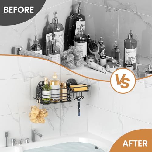 LEVERLOC Shower Caddy Suction Cup, Suction Caddy with Hooks and Soap Holder for Bathroom, No-Drilling Bathroom Shower Organizer, Black - color: Black, size: 1 × Medium